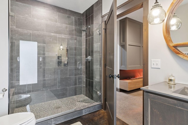 1432 25th St, Saint Joseph Twp, WI 54082 - full bathroom featuring toilet, a stall shower, concrete floors, and vanity