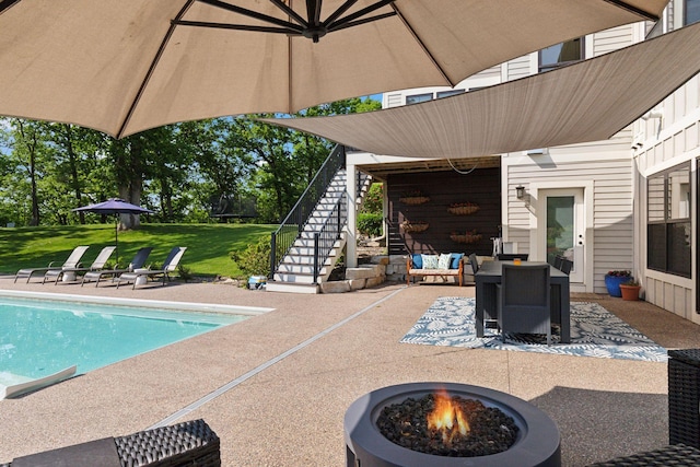 1432 25th St, Saint Joseph Twp, WI 54082 - outdoor pool with a patio, stairs, an outdoor fire pit, and a yard