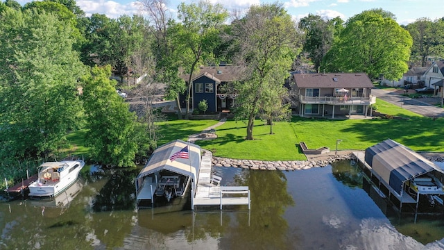 1665 Canary Ln, Mound, MN 55364 - dock featuring a water view, a yard, and view of wooded area