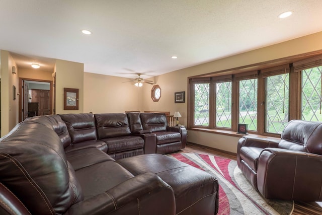 23725 240th Ave, Aurdal Twp, MN 56537 - living room with wood finished floors, baseboards, recessed lighting, and a ceiling fan