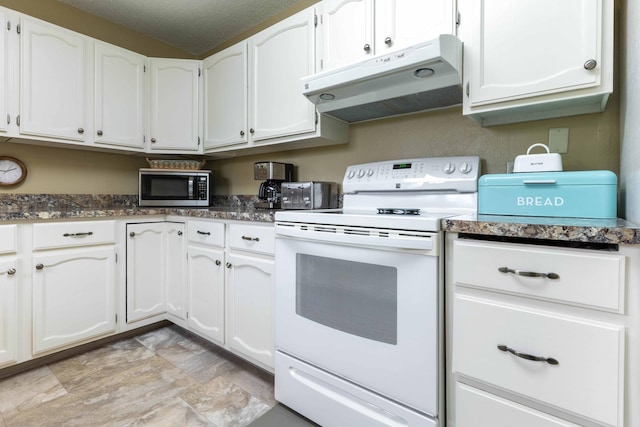 23725 240th Ave, Aurdal Twp, MN 56537 - kitchen featuring under cabinet range hood, electric range, stainless steel microwave, and white cabinetry