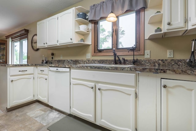 23725 240th Ave, Aurdal Twp, MN 56537 - kitchen featuring white dishwasher, open shelves, a sink, dark countertops, and healthy amount of natural light