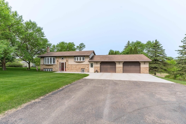23725 240th Ave, Aurdal Twp, MN 56537 - split foyer home featuring brick siding, a garage, asphalt driveway, a front yard, and a chimney