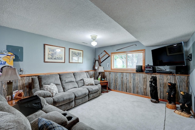 106 4th Ave NW, Rice, MN 56367 - carpeted living room with a textured ceiling, wainscoting, wood walls, and electric panel