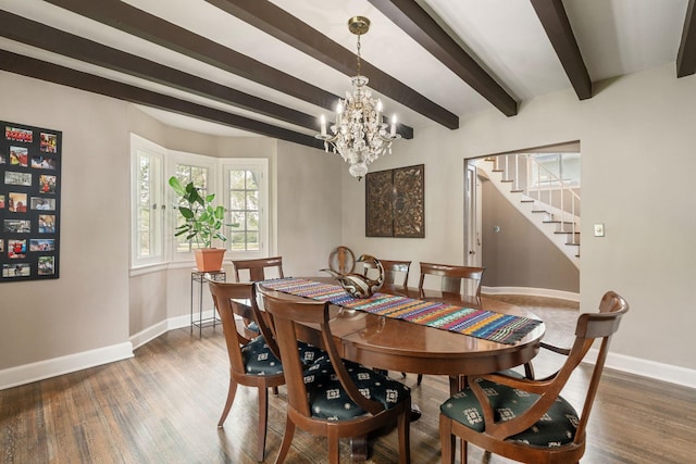808 4th St SW, Austin, MN 55912 - dining space with baseboards, stairs, wood finished floors, a chandelier, and beam ceiling