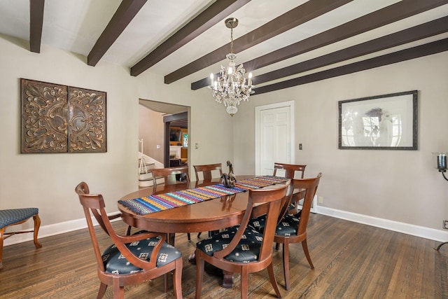 808 4th St SW, Austin, MN 55912 - dining area with a chandelier, baseboards, dark wood finished floors, and beam ceiling