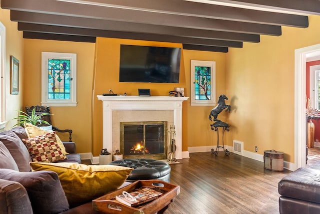 808 4th St SW, Austin, MN 55912 - living room with beam ceiling, wood finished floors, a fireplace with flush hearth, and baseboards