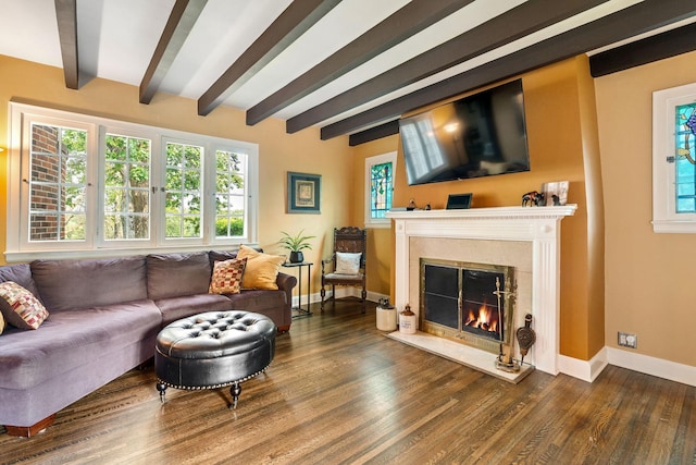 808 4th St SW, Austin, MN 55912 - living room with wood finished floors, beamed ceiling, baseboards, and a premium fireplace