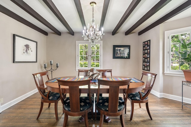 808 4th St SW, Austin, MN 55912 - dining area with beamed ceiling, a chandelier, dark wood-style floors, baseboards, and healthy amount of natural light