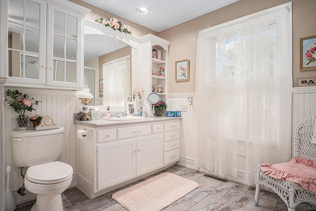 102 Walnut Ave, Luverne, MN 56156 - full bath featuring wainscoting, vanity, a decorative wall, toilet, and a shower
