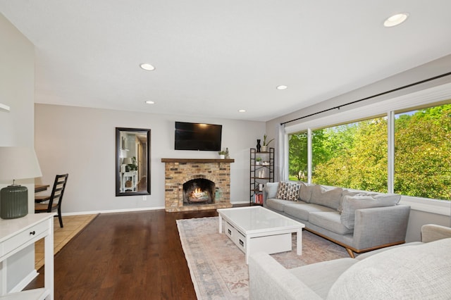 15613 Boulder Creek Dr, Minnetonka, MN 55345 - living area featuring hardwood / wood-style flooring, recessed lighting, a fireplace, and baseboards