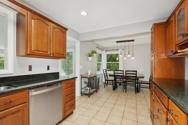 15613 Boulder Creek Dr, Minnetonka, MN 55345 - kitchen featuring dishwasher, brown cabinets, light tile patterned flooring, glass insert cabinets, and recessed lighting