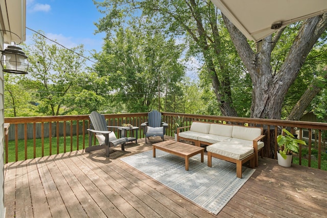 15613 Boulder Creek Dr, Minnetonka, MN 55345 - wooden deck with an outdoor hangout area, a yard, and view of scattered trees