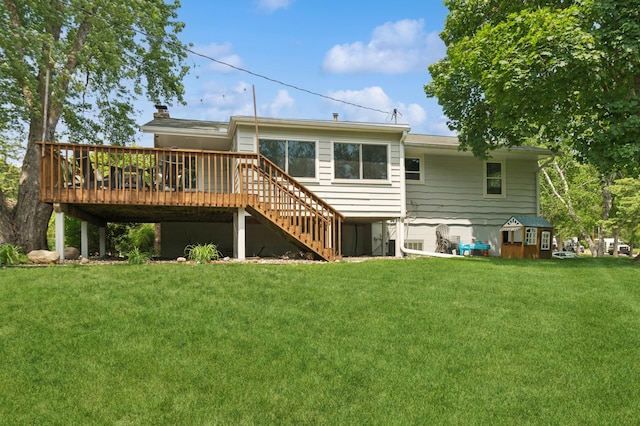 15613 Boulder Creek Dr, Minnetonka, MN 55345 - back of house with a yard, a wooden deck, stairway, and a chimney