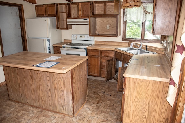 808 Franklin Ave, Wabasha, MN 55981 - kitchen featuring white appliances, wooden counters, a sink, under cabinet range hood, and brick patterned floors