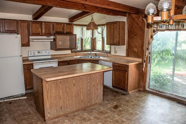 808 Franklin Ave, Wabasha, MN 55981 - kitchen featuring white appliances, under cabinet range hood, wood counters, beam ceiling, and a kitchen island