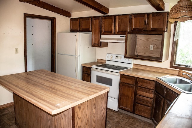 808 Franklin Ave, Wabasha, MN 55981 - kitchen with white appliances, under cabinet range hood, wood counters, beamed ceiling, and brick patterned floors