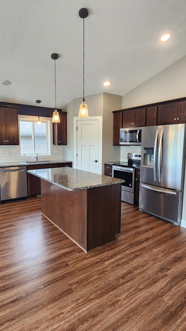 5687 Prosper Ave NW, Rochester, MN 55901 - kitchen with stainless steel appliances, dark wood-style flooring, tasteful backsplash, dark brown cabinets, and a textured ceiling