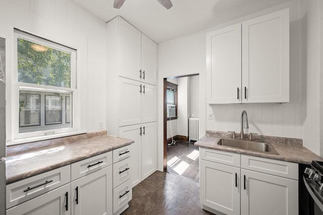 1195 Minnehaha Ave E, Saint Paul, MN 55106 - kitchen with a sink, radiator, white cabinetry, stainless steel range with gas cooktop, and a ceiling fan