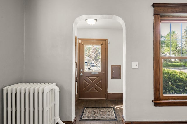 1195 Minnehaha Ave E, Saint Paul, MN 55106 - entrance foyer featuring radiator heating unit, dark wood-style floors, and arched walkways