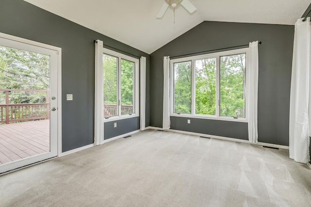 1469 Sherman Lake Rd, Lino Lakes, MN 55038 - carpeted spare room featuring a ceiling fan, lofted ceiling, and baseboards