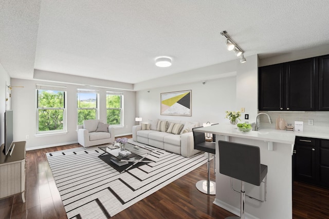 615 1st St Unit 405, Minneapolis, MN 55401 - living room with a textured ceiling, dark wood-style floors, and rail lighting