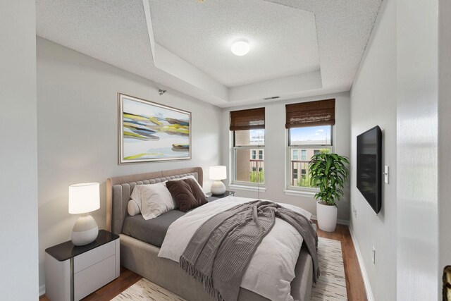 615 1st St Unit 405, Minneapolis, MN 55401 - bedroom featuring a textured ceiling, wood finished floors, a tray ceiling, and baseboards