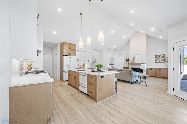 4295 Bristlecone Loop S, Fargo, ND 58104 - kitchen featuring a sink, open floor plan, a kitchen island with sink, light wood-style floors, and light countertops
