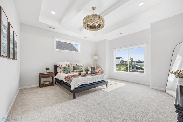 4295 Bristlecone Loop S, Fargo, ND 58104 - carpeted bedroom featuring a chandelier, baseboards, a raised ceiling, and recessed lighting