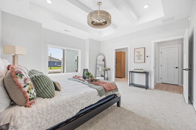 4295 Bristlecone Loop S, Fargo, ND 58104 - bedroom with a chandelier, light carpet, a raised ceiling, recessed lighting, and beamed ceiling