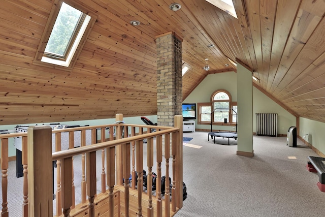 1807 Minnehaha Ave W, Saint Paul, MN 55104 - additional living space with a skylight, wooden ceiling, carpet, lofted ceiling, and radiator