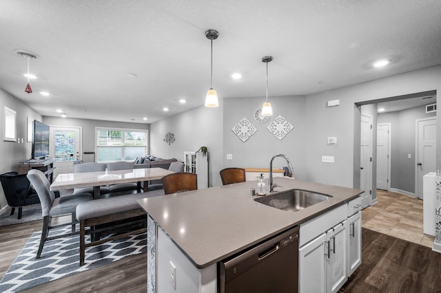 7243 Ada Dr, Lino Lakes, MN 55038 - kitchen featuring dishwashing machine, a sink, open floor plan, dark wood-style flooring, and recessed lighting