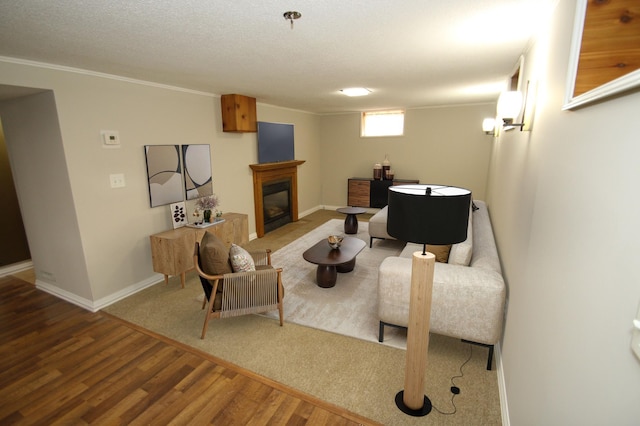 3249 Zane Ave N, Crystal, MN 55422 - living area featuring wood finished floors, a glass covered fireplace, baseboards, and crown molding