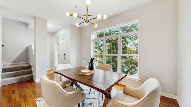 8102 Oakview Ln N Unit 39, Maple Grove, MN 55369 - dining room featuring a chandelier, stairs, baseboards, wood finished floors, and recessed lighting