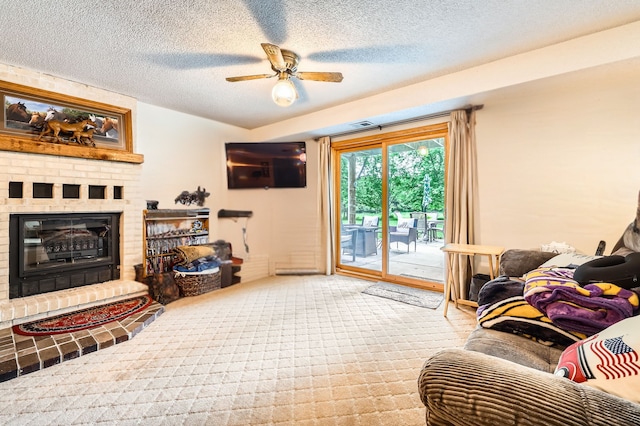 14890 Country Rd, Rogers, MN 55374 - carpeted living room with ceiling fan, a brick fireplace, and a textured ceiling