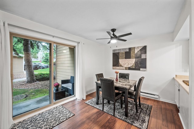 2220 Ridge Dr Unit 16, Saint Louis Park, MN 55416 - dining area featuring a baseboard radiator, dark wood-style flooring, and ceiling fan