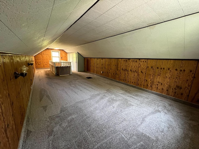 2619 2nd Ave W, Hibbing, MN 55746 - additional living space with vaulted ceiling, wooden walls, and carpet floors