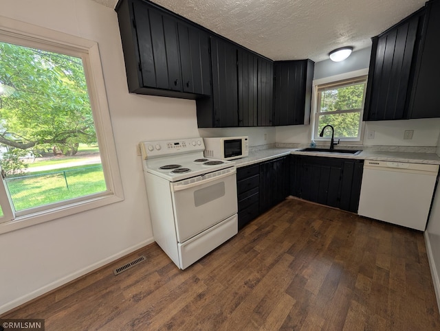 353 44th Ave NW, Powers Twp, MN 56435 - kitchen featuring white appliances, dark cabinets, a sink, dark wood finished floors, and a textured ceiling