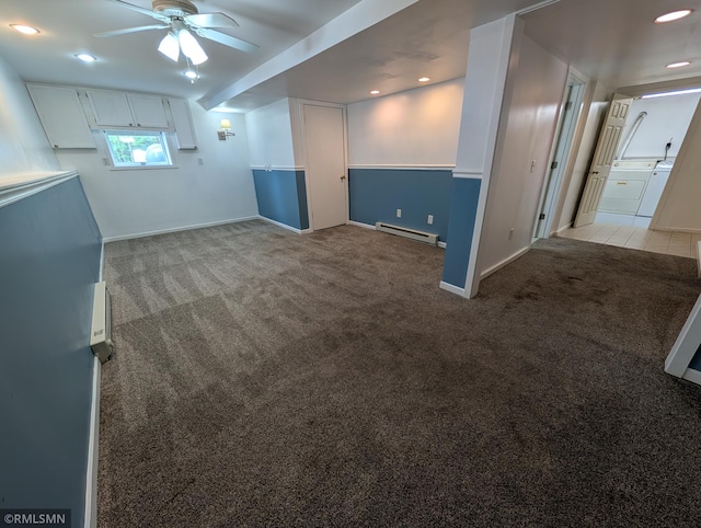 353 44th Ave NW, Powers Twp, MN 56435 - basement with a baseboard radiator, washer and clothes dryer, light carpet, ceiling fan, and recessed lighting