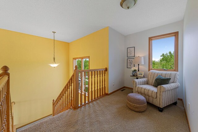 1900 Legacy Dr, Faribault, MN 55021 - living area with an upstairs landing, carpet floors, and baseboards