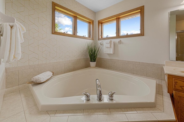 1900 Legacy Dr, Faribault, MN 55021 - full bathroom with vanity, a bath, tile patterned flooring, and wallpapered walls