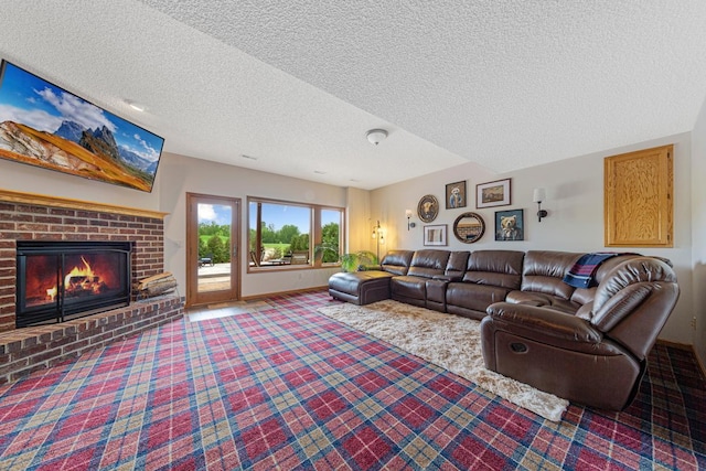 1900 Legacy Dr, Faribault, MN 55021 - carpeted living room with a brick fireplace, a textured ceiling, and baseboards