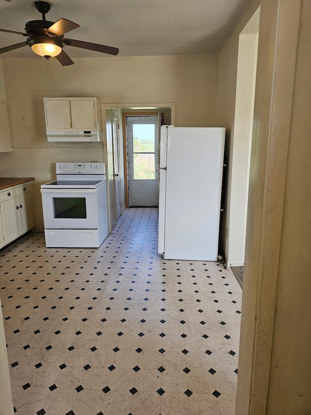 213 Harrison Ave N, Mentor, MN 56736 - kitchen with white appliances, light floors, a ceiling fan, and under cabinet range hood