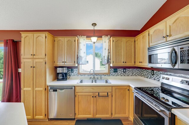 12966 Carole Dr, Becker, MN 55308 - kitchen with stainless steel appliances, healthy amount of natural light, a textured ceiling, and decorative backsplash