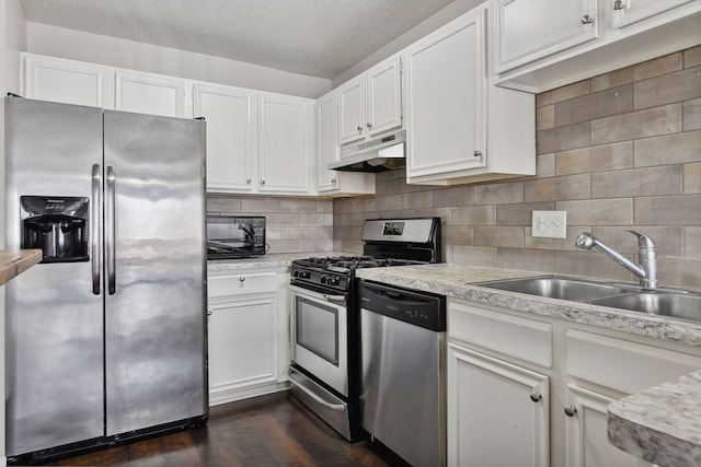 7511 Zinnia Way, Maple Grove, MN 55311 - kitchen with appliances with stainless steel finishes, under cabinet range hood, a sink, light countertops, and dark wood-style flooring