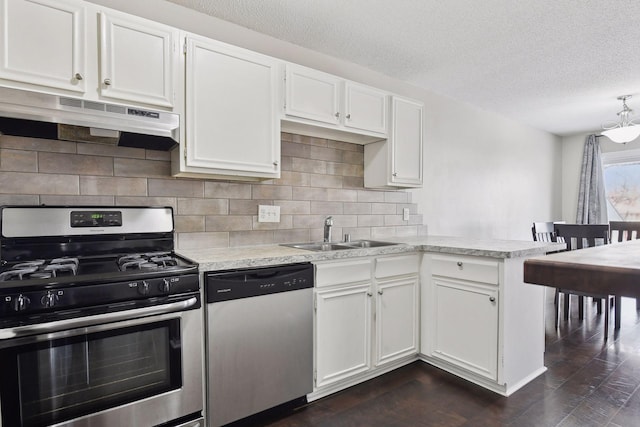 7511 Zinnia Way, Maple Grove, MN 55311 - kitchen with appliances with stainless steel finishes, a sink, under cabinet range hood, light countertops, and a textured ceiling
