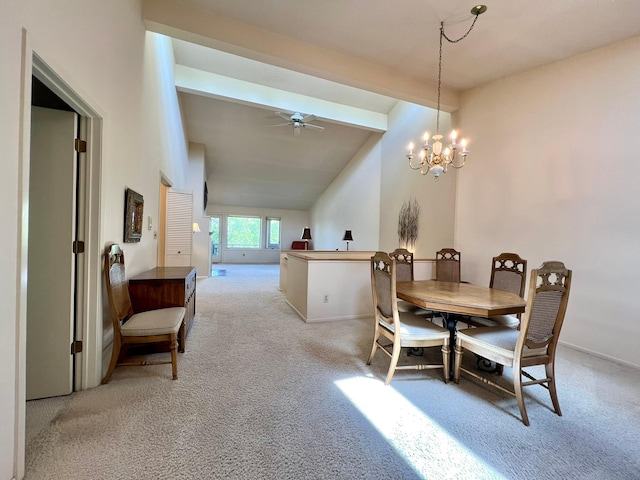 1319 3rd St, Red Wing, MN 55066 - dining space featuring light carpet, beamed ceiling, a ceiling fan, high vaulted ceiling, and baseboards