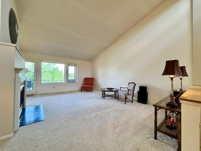 1319 3rd St, Red Wing, MN 55066 - sitting room with carpet floors, vaulted ceiling, and a fireplace