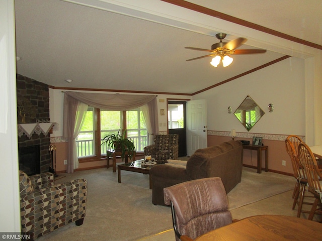 26612 State Highway 47, Aitkin, MN 56431 - carpeted living area featuring ornamental molding, ceiling fan, and a brick fireplace