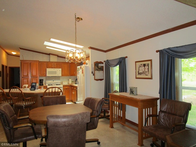 26612 State Highway 47, Aitkin, MN 56431 - dining area with crown molding, a chandelier, and lofted ceiling